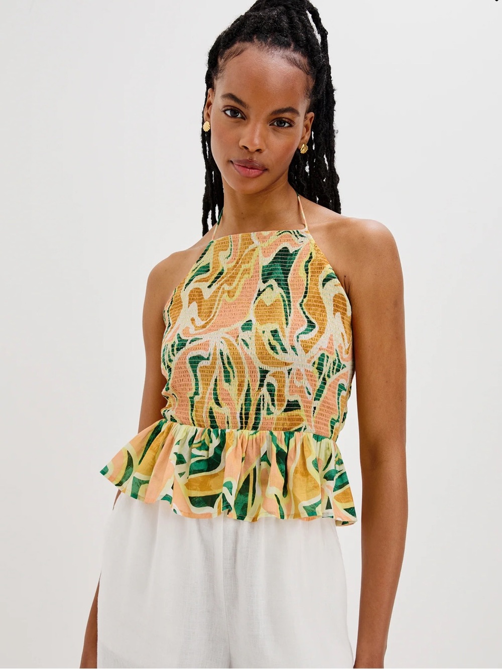 Rails Gwendolyn Halter Peplum Tank Top in Tulum Yellow Green Print